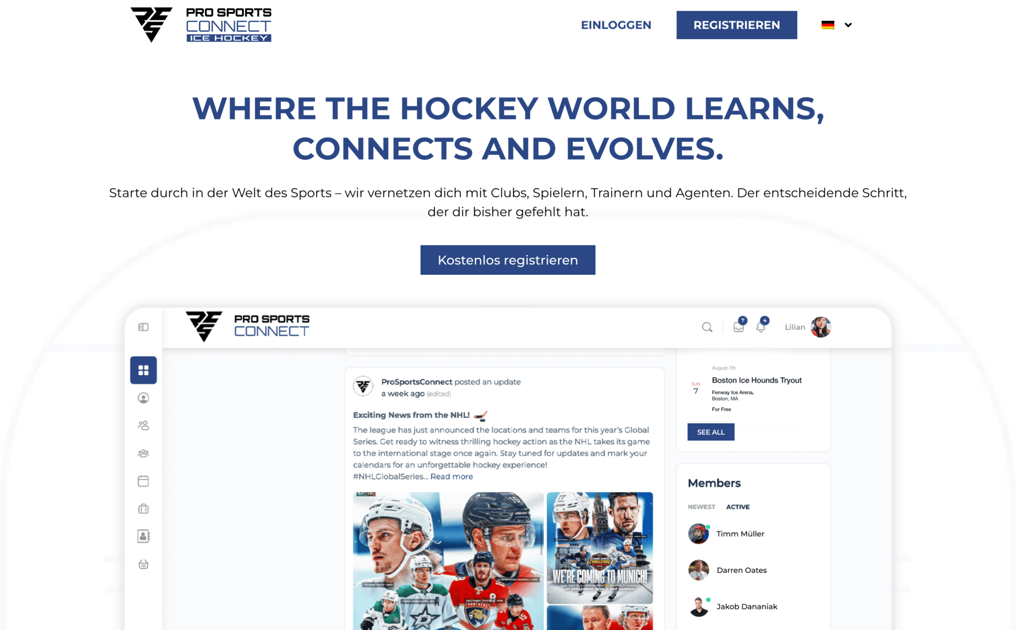 Startseite der Plattform Pro Sports Connect mit Newsfeed und Mitgliedsübersicht.