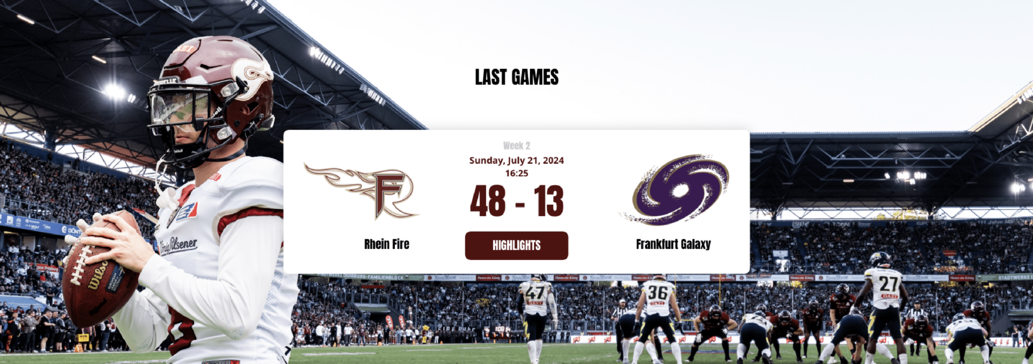 Football-Spielszene mit Punktestand zwischen Rhein Fire und Frankfurt Galaxy (48–13) vor einem vollen Stadion, hervorgehoben mit Spieler im Vordergrund.