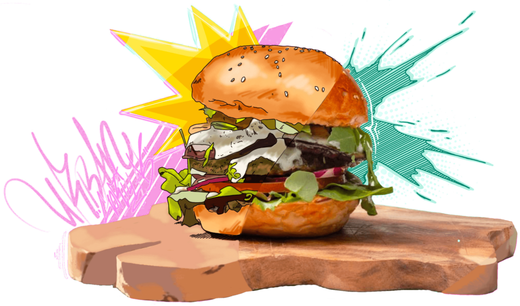 Kreative Darstellung eines veganen Burgers im Mixed-Media-Stil aus Comic und Realität auf einem Holzbrett.